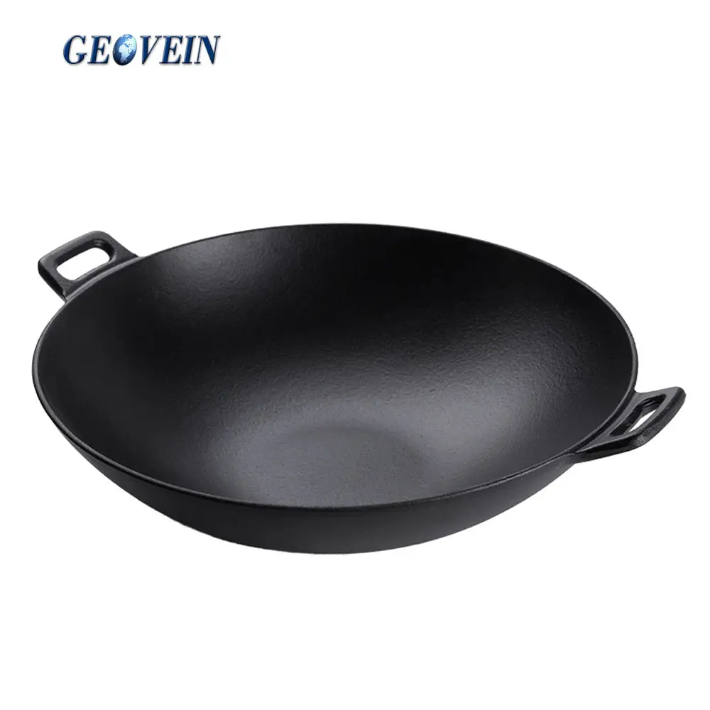 Qualidade superior chinês wok com tampa de ferro fundido preseasoned