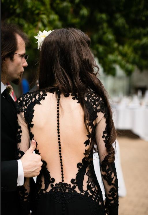 Illusion Lace Long Sleeve Black Satin Mermaid Wedding Dress for Brides