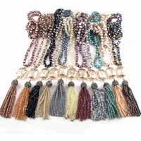 Fashion Women Bohemian Jewelry Long Knotted Square Glass beads Necklace Crystal Tassel Necklace