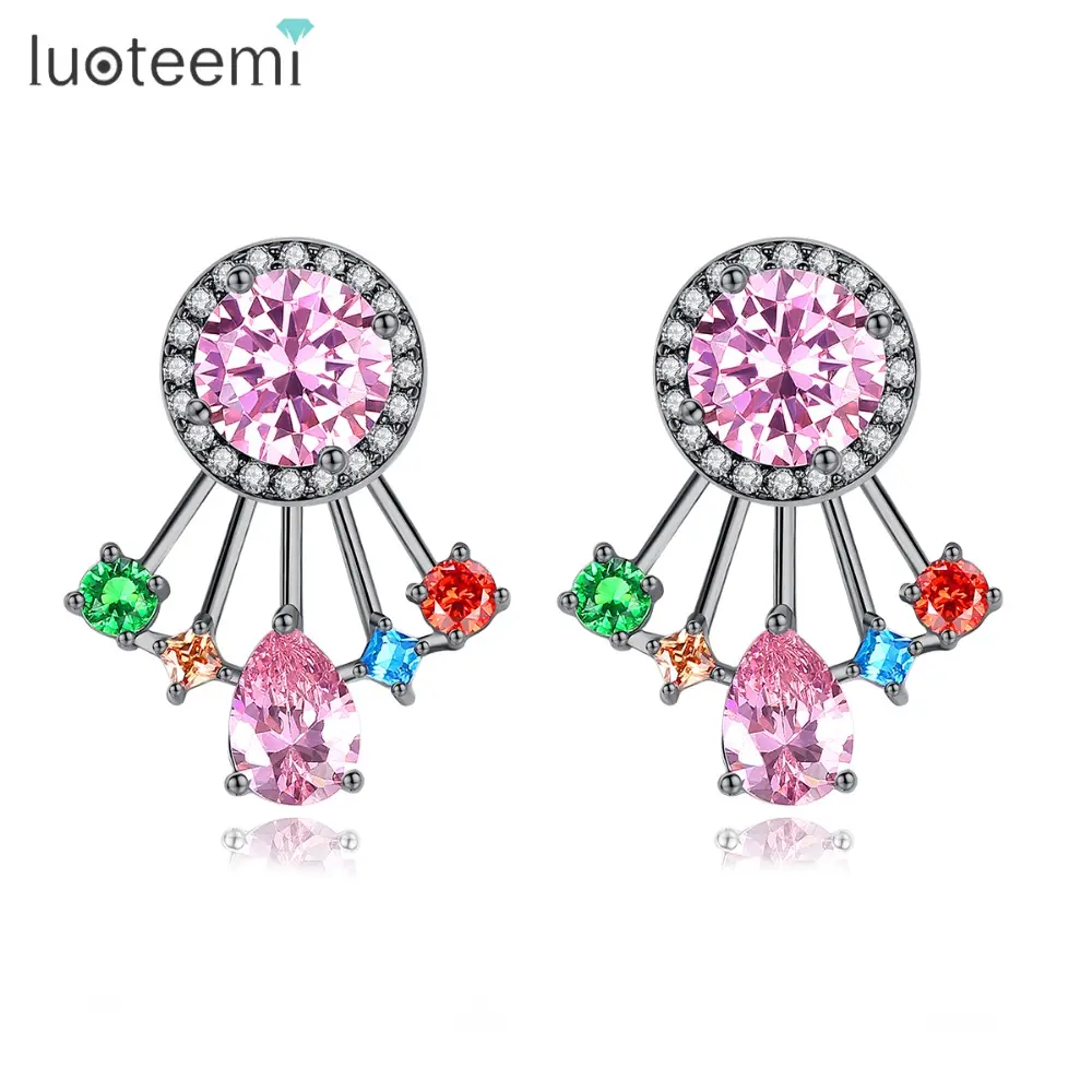 LUOTEEMI Korean Jewelry New Pink Zircon Front Back Double Sided Women Fashion Ear Jackets Piercing Earing