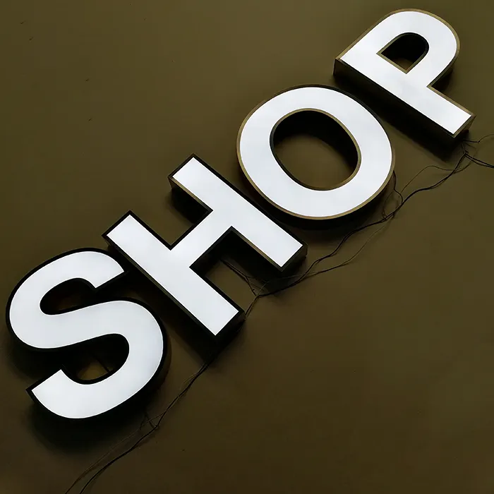 Logotipo de logotipo de aço inoxidável 3d, loja de varejo com iluminação, sinal de letras