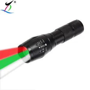 充電式でズーム可能な戦術トーチライト狩猟釣り用のマルチカラー赤緑白LED懐中電灯