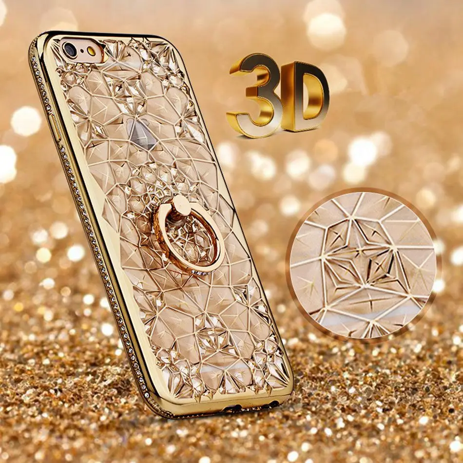 3D altın Glitter iPhone için kılıf 7 8 durumda lüks silikon yumuşak jel geri elmas yüzük telefon kılıfı iPhone için kılıf 8 7 artı kapak