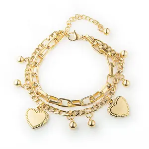 Bracelet à maillons en acier inoxydable multicouche plaqué or, Bracelet à breloques en forme de cœur vierge, vente en gros