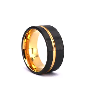 Men 10mm Black Brushed Finish 18K Gold Plated Pipe Cut Edge Two Tones Offset Groove Tungsten Ring