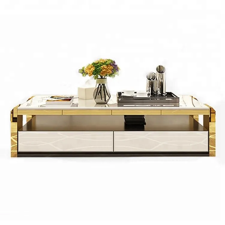 Nieuwe Model Rvs Gold Salontafel Woonkamer Meubels Italiaanse Luxe Ontwerp Marmeren Thee Salontafel Moderne