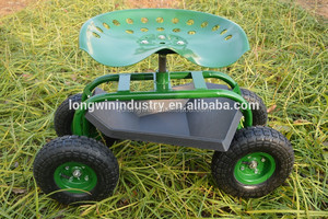 Chariot de jardin vert robuste avec siège roulant, plateau à outils et panier - Product Image 5