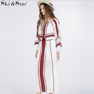 Nueva moda playa bohemia de manga larga <span class=keywords><strong>blanco</strong></span> casual Linen Maxi <span class=keywords><strong>Vestido</strong></span> Mujer - Product Image 3