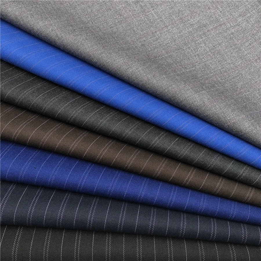 Toptan 70% Polyester % 28% viskon 2% elastan malzeme şerit stili gri kahverengi uygun erkek takım elbise pantolon blazer kumaş