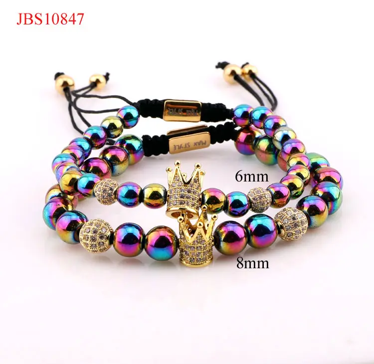 Hot selling CZ diamond crown rainbow color beads handmade bead couple bracelet for men women