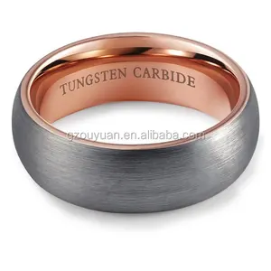 Cincin Perak Karbida Tungsten Pria, Cincin Kubah 8MM Kualitas Tinggi. Cincin Perak Berlapis Emas Mawar dengan Permukaan Disikat untuk Pita Pernikahan