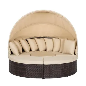 نمط جديد شكل دائري صالة كرسي PE الروطان الشاطئ سرير النهار مع المظلة لشاطئ البحر
