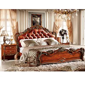 Luxury European French Style King Queen Double Size Leather Upholstery Soft Headboard Latest Design Wooden Bed