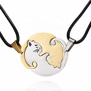 Collier avec Double chat en acier inoxydable, chaîne en cuir, pendentif mignon à la mode, nouvelle collection - Product Image 1