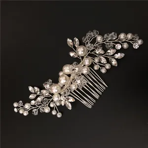 יפה עיצוב מותאם אישית כסף ציפוי כלה קריסטל לבן פרח שיער מסרק לחתונה