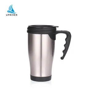 Caneca de viagem dupla 550ml, caneca de café para viagem aço inoxidável com alça, caneca de metal descartável