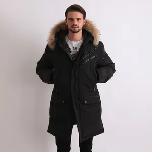 Canadan Winter Warmest Long Black Mens Plain Winter Jackets with Fur Hood