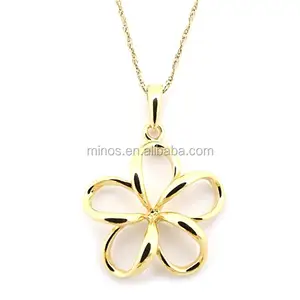 High Polish Fashion Gold Flower Pendant For Girl,14k Yellow Gold Hawaiian Flower Pendant Necklace