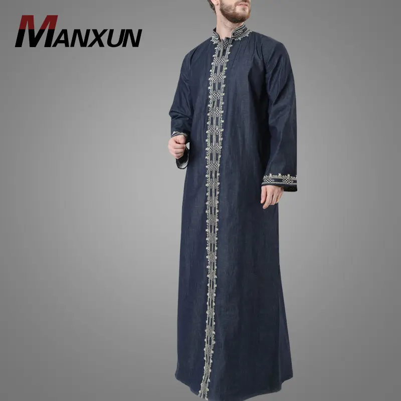 Pakaian Pria Islami Kualitas Bagus Desain Modern Denim Pria Bordir Thobe Saudi Style Mode Jubba Muslim Abaya untuk Pria