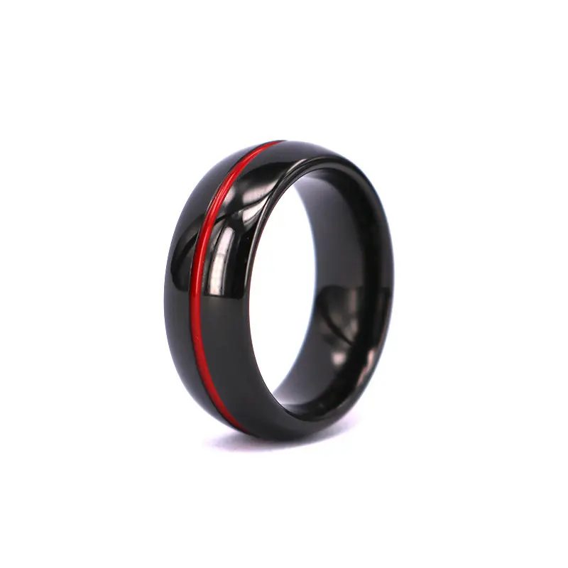 7Mm Black Tungsten Metalen Koepelvormige Ring Met Gepolijste Afwerking En Rode Hars Groef In Het Centrum
