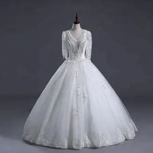 고품질 무거운 구슬 크리스탈 레이스 신부 웨딩 드레스 긴 소매 국가 신부 가운 볼 가운 웨딩 드레스 2021