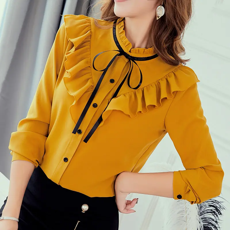 Vrouwen Lange Mouw Mode Streetwear Slim Fit Shirt Chiffon Elegante Ruches Blouse