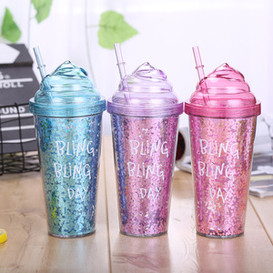 Logotipo personalizado de helado de doble pared reutilizable transparente brillo vaso de plástico taza mágica para beber <span class=keywords><strong>con</strong></span> tapa y pajita - Product Image 5