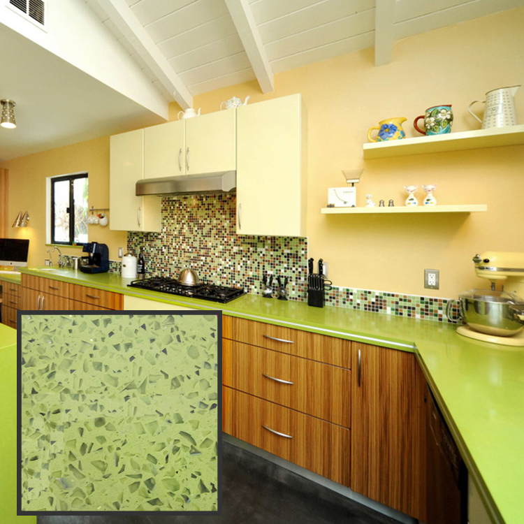 Goedkope Quartz Solid Keuken Oppervlak Licht Groen Onyx Sparkle Quartz Steen Werkbladen