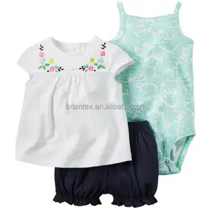 Briantex-ropa coreana para niños, flor, tres piezas, transpirable, venta al por mayor, conjuntos de ropa de bebé, poliéster/algodón, Verano