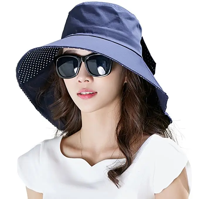 Summer Bill Flap Cap Cotton Sun Hat with Neck Cover Cord for Women