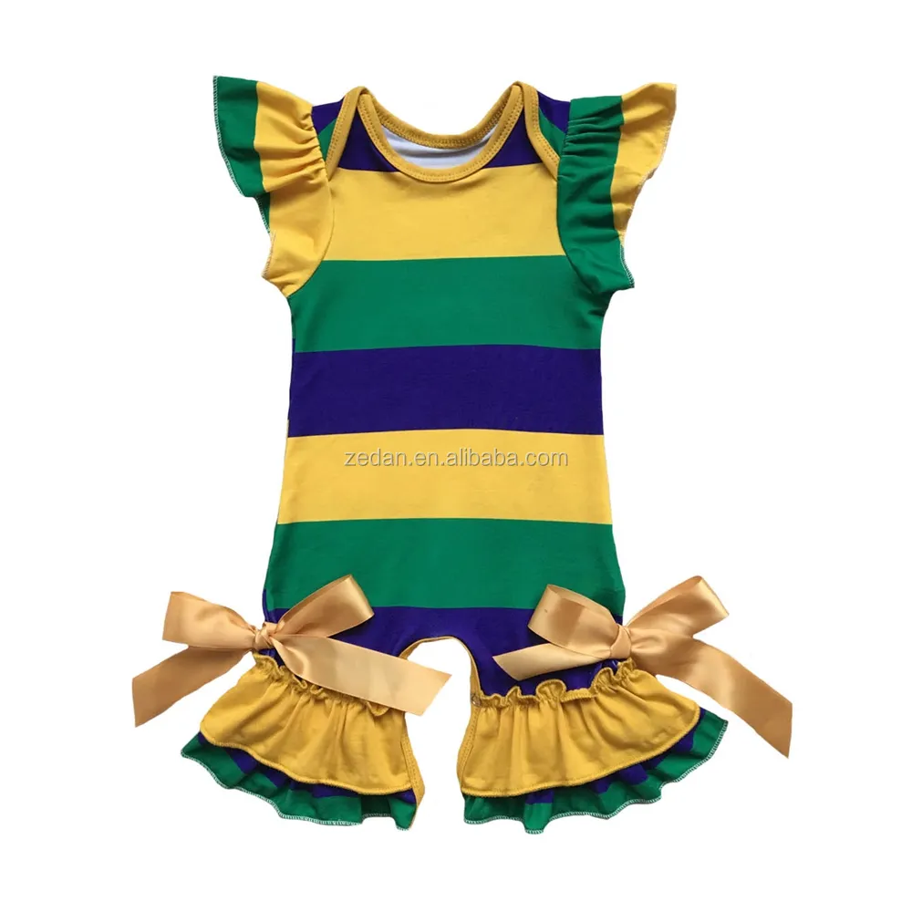 Wholesale for the Mardi Gras festival cotton sleeveless ruffle baby one piece romper with knotbow