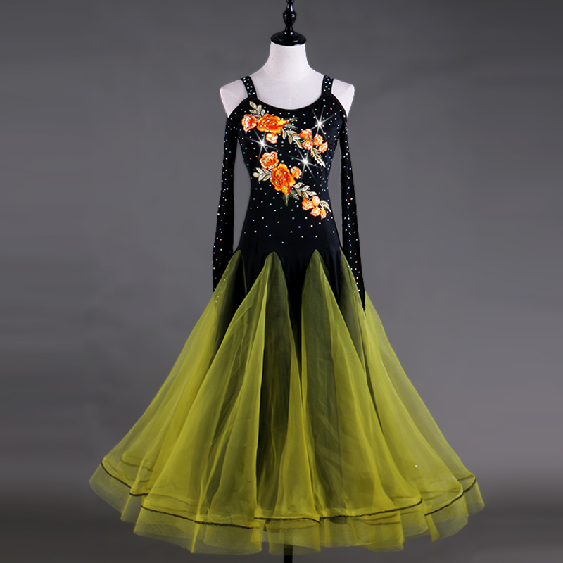 slim fit dress slacks Gold Mirror Embroidery Black Ballroom Dress