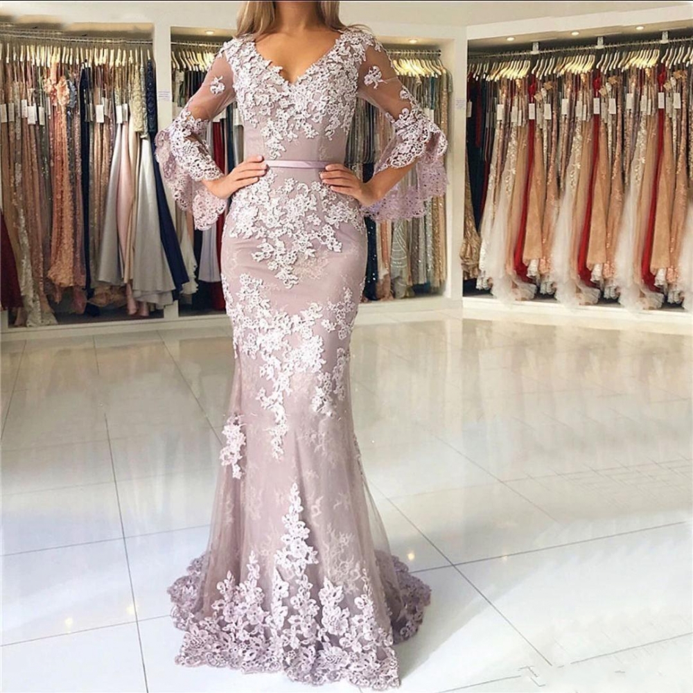 Shop 2019 V Neck Long Lace Mermaid Prom Dresses - Hot Sale