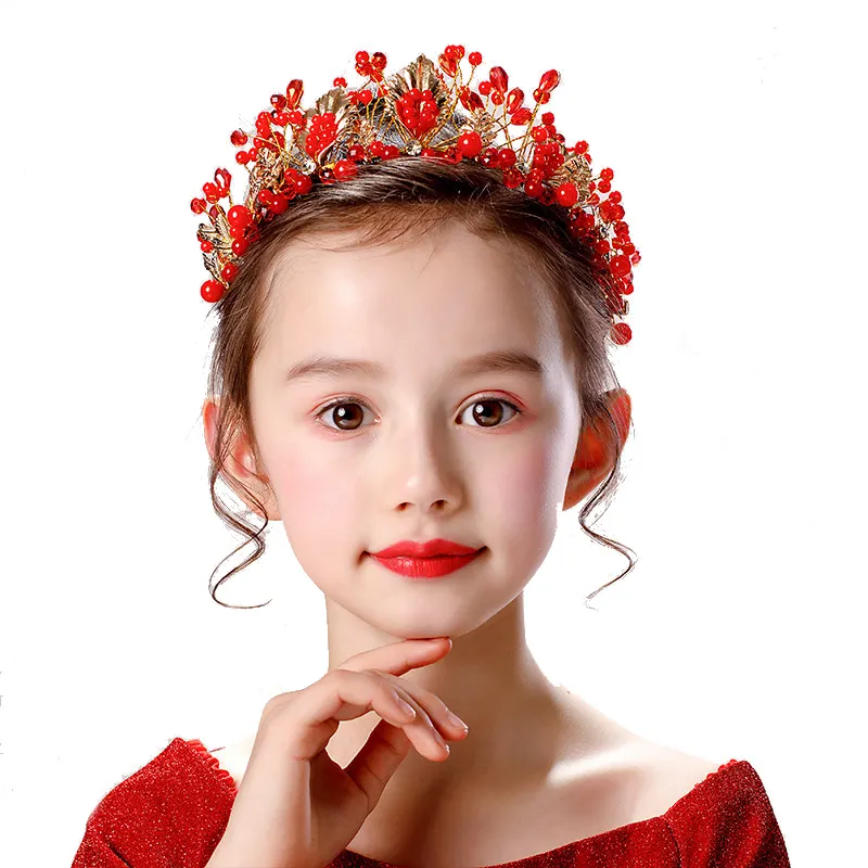 लाल मोती गोल्ड पत्तियां लड़कियों के लिए क्रिस्टल वर फूल लड़की माथे मुकुट हेडबैंड Princesas क्लिप चेन टोप