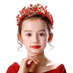 Diadema de hojas doradas con cuentas rojas para niñas, tiara de cristal para dama de honor, flor, para la frente, Princesas, con Clip, cadena