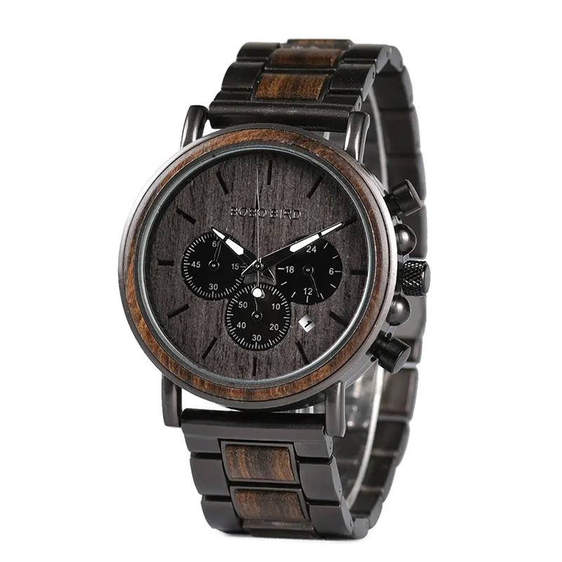 BOBO BIRD-Reloj clásico de madera hecho a mano para hombre, cronógrafo con función de cronómetro, gran oferta