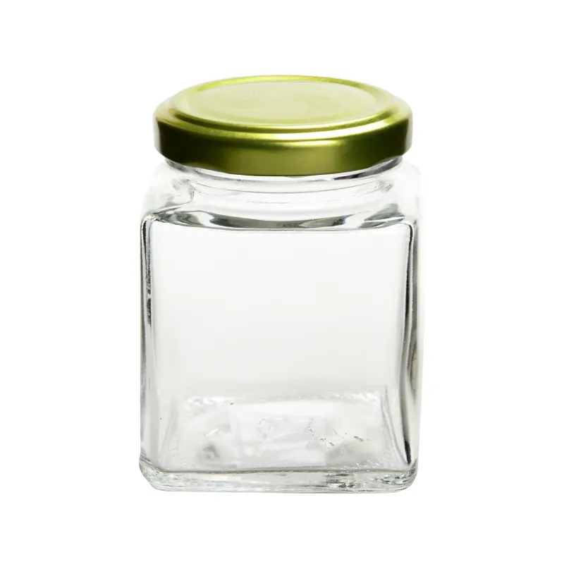 Certificated square shaped honey glass jar jam / pudding jar with screw metal lid