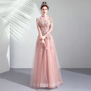 TS1969 A-line red cheap evening long dress long sleeve elegant lace party formal floor length long evening dress China