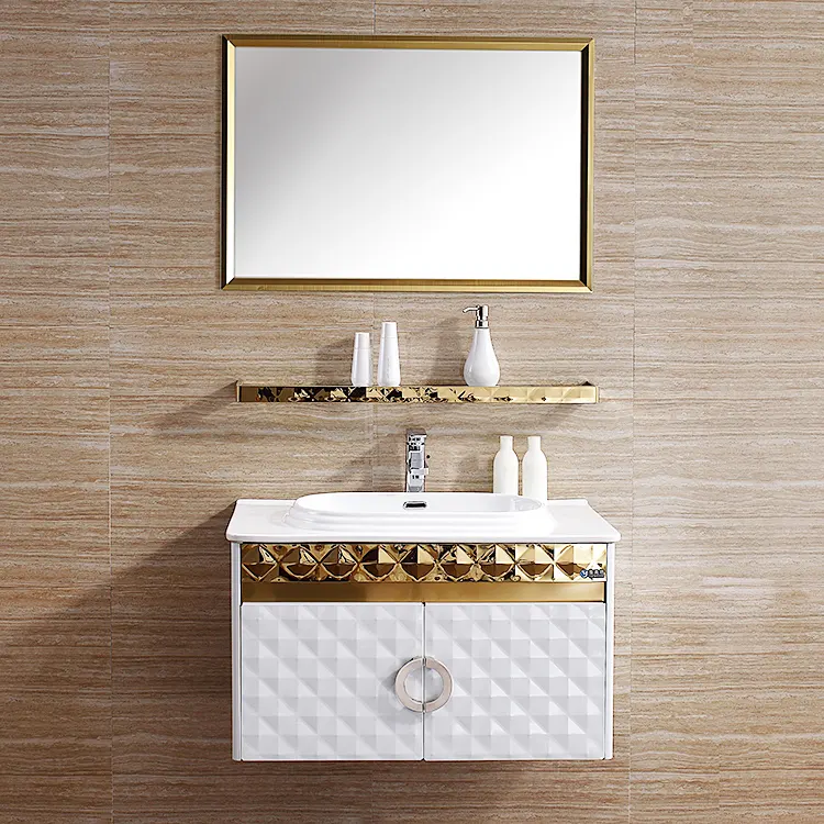 Atacado moderno vaniti branco e dourado brilhante aço inoxidável banheiro vanity armário