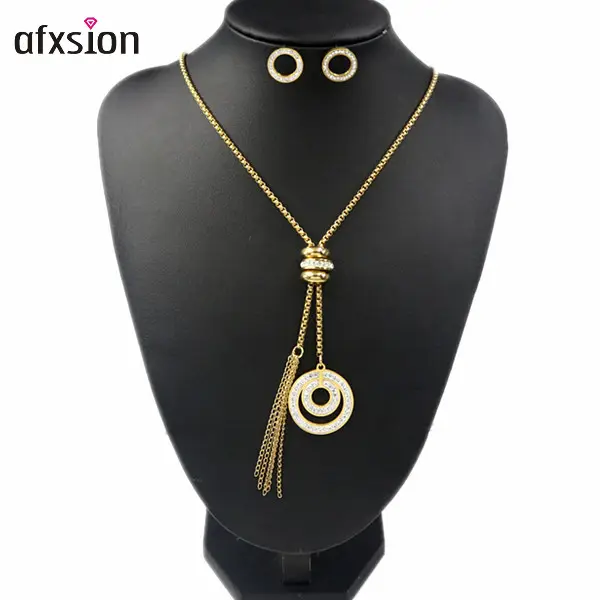 AFXSION jewelry wholesale china 18K Gold Tassels sweater chain necklace earrings stainless steel jewelry set