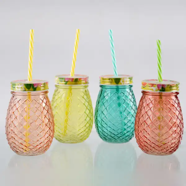 Colorful Pineapple-Shaped Mason Jar Mug Glasses with Straws & Lids, Set of 6