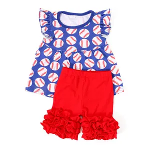 طفل الملابس الرفرفة الأكمام طباعة الأعلى مع الأحمر الكشكشة قصيرة الصيف فتاة ملابس الطفل فتاة البيسبول الزي