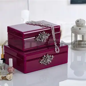 Accesorios decorativos hechos a mano para el hogar, caja de exhibición de Joyas con espejo de cristal de perlas moradas