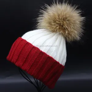 Mulheres Inverno Destacável Grande Pele De Guaxinim Pom Pom Knit Beanie Hat