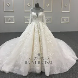 o neck crystal bead ball gown ivory lace simple wedding dress with long sleeve