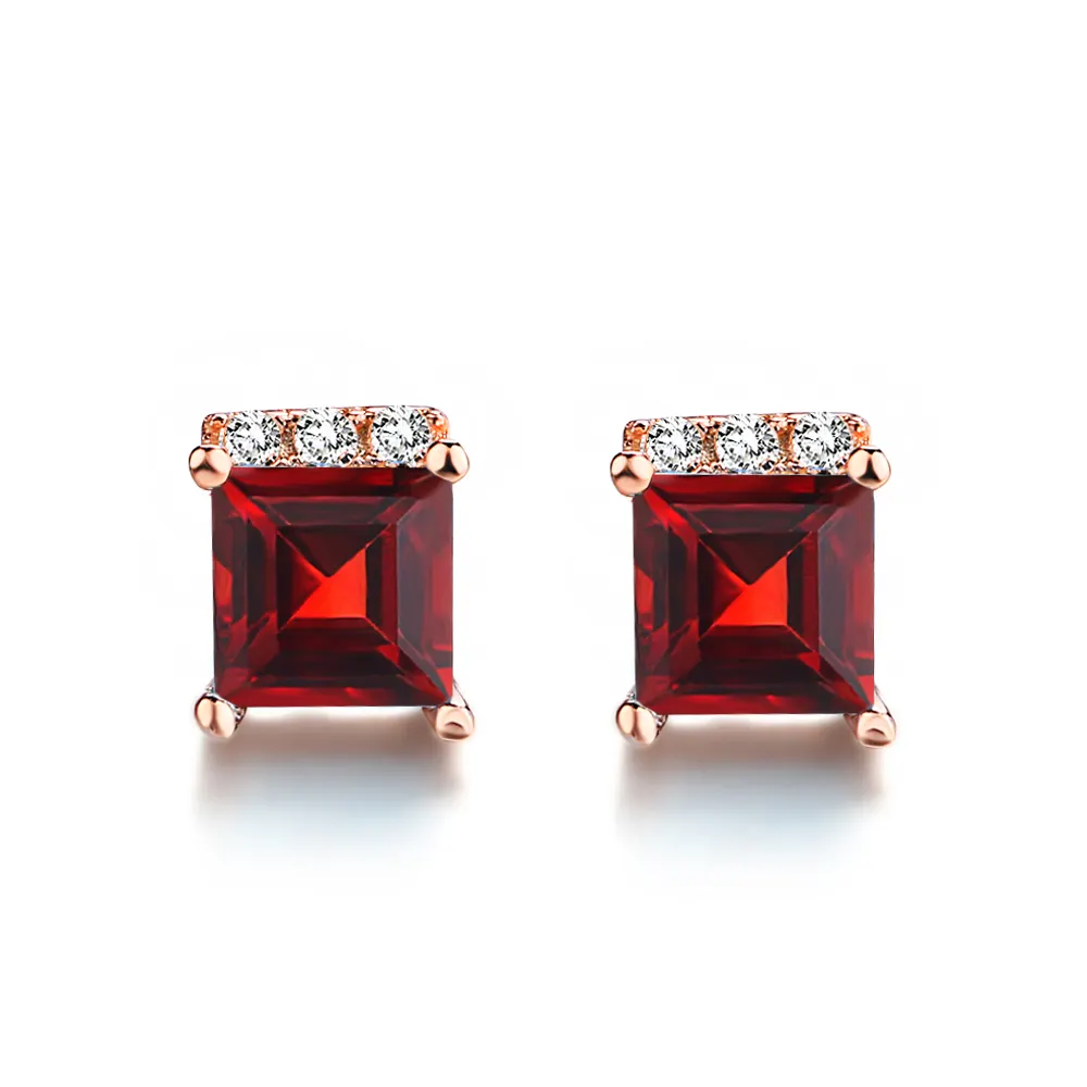 LAMOON Fashion 4mm 100% Natural Gemstone 925 Sterling Silver Square Red Garnet Stud Earrings S925 For Women EI047