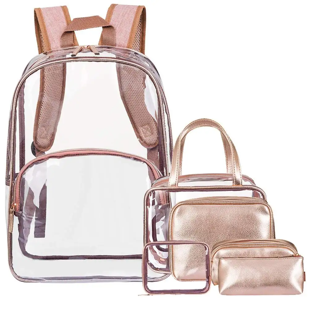 Clear Backpack mit Cosmetic Bag & Case, Clear Transparent PVC School Backpack Outdoor Bookbag Portable Travel Make Bag