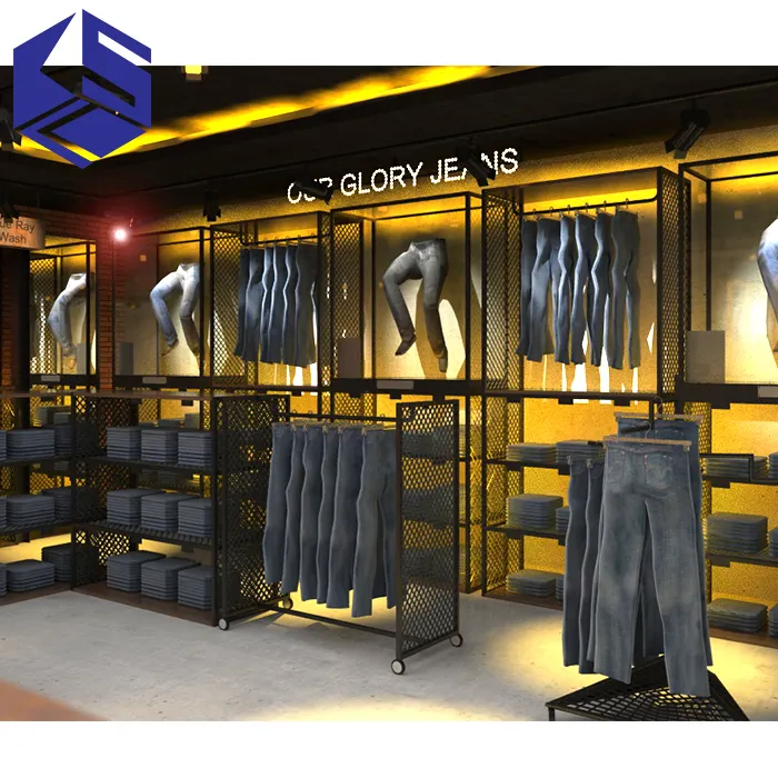 Expositor de roupas de iluminação de parede, para homens, decoração de loja jeans