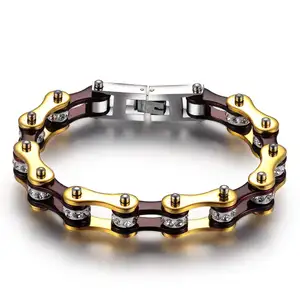 Stone Micro Pave Jewelry 316L Stainless Steel Bracelet Mens Custom Biker Gold Black Motorcycle Chain Bracelet