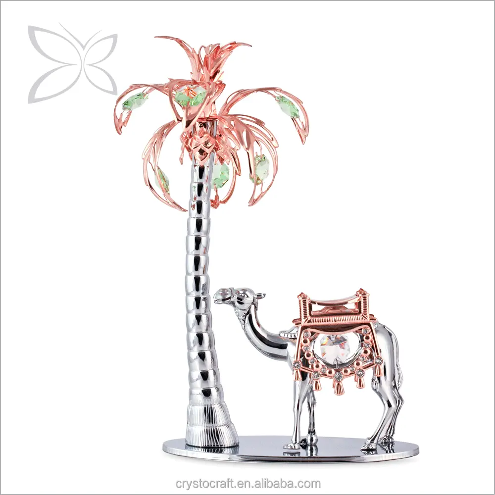 Crysto craft Deluxe Rosé vergoldete Metall palme mit Kamel figur, verziert mit Tisch dekoration aus brillant geschnittenen Kristallen